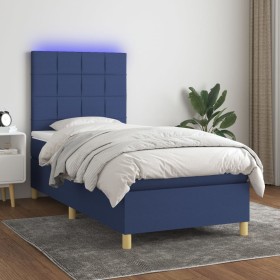 Cama box spring colchón y luces LED tela azul 100x