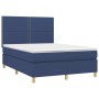 Cama box spring colchón y luces LED tela azul 140x200 cm