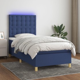 Cama box spring colchón y luces LED tela azul 90x200 cm