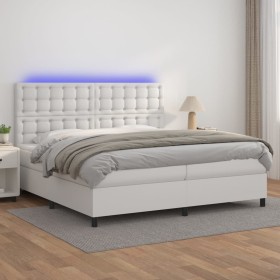 Cama box spring colchón y LED cuero sintético blanco 200x200 cm