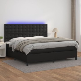 Cama box spring colchón y LED cuero sintético negro 200x200 cm