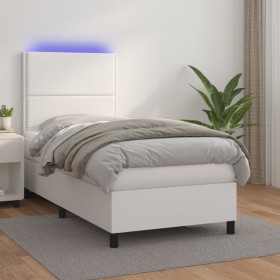 Cama box spring colchón y LED cuero sintético blanco 100x200 cm