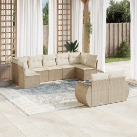 Set de sofás de jardín 9 pzas con cojines ratán sintético beige Set de sofás de jardín 9 pzas con cojines ratán sintético beige