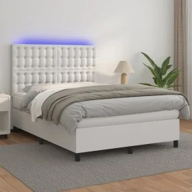 Box spring bed with mattress and LED white synthetic leather 140x200 cm by vidaXL, Beds and slatted bases - Ref: Foro24-31359...