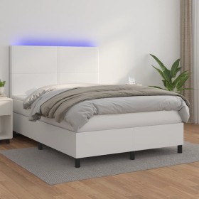 Cama box spring colchón y LED cuero sintético blanco 140x200 cm
