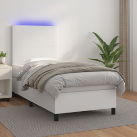 Cama box spring y colchón LED cuero sintético blanco 90x200 cm