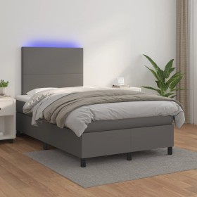 Cama box spring colchón y LED cuero sintético gris