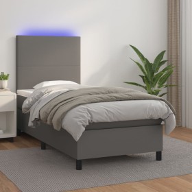 Cama box spring colchón y LED cuero sintético gris 100x200 cm