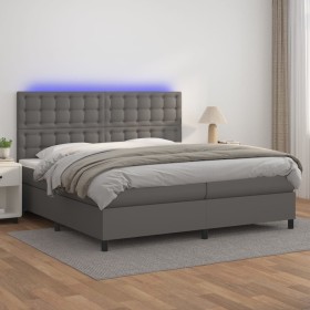 Cama box spring colchón y LED cuero sintético gris 200x200 cm