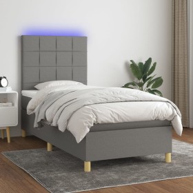 Cama box spring colchón y luces LED tela gris oscuro 90x200 cm