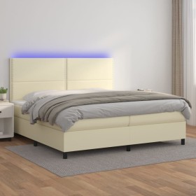 Cama box spring colchón y LED cuero sintético crema 200x200 cm
