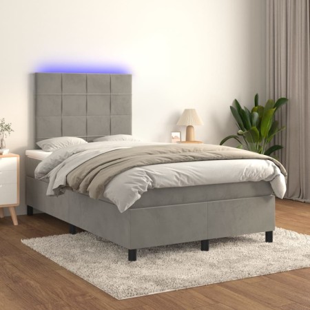 Cama box spring colchón y LED terciopelo gris claro 120x200 cm