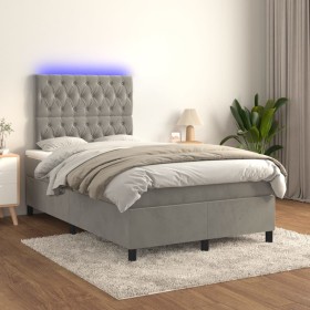 Cama box spring colchón y LED terciopelo gris claro 120x200 cm