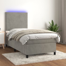 Cama box spring colchón y LED terciopelo gris claro 100x200 cm