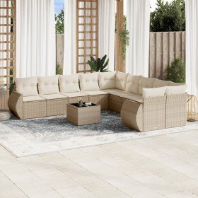 Set de sofás de jardín 11pzas con cojines ratán sintético beige Set de sofás de jardín 11pzas con cojines ratán sintético beige