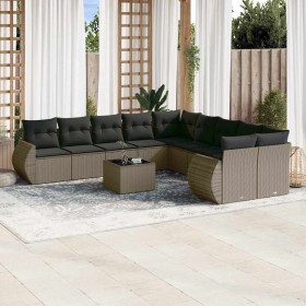 Set de sofás de jardín 11 pzas y cojines ratán sintético gris