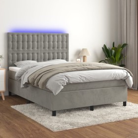 Cama box spring colchón y LED terciopelo gris claro 140x200 cm