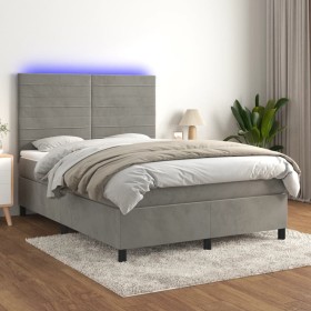 Cama box spring colchón y LED terciopelo gris claro 140x200 cm