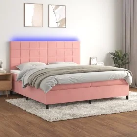 Box spring bed with mattress and LED pink velvet 200x200 cm by vidaXL, Beds and slatted bases - Ref: Foro24-3136148, Price: 6...