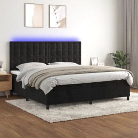 Cama box spring colchón y LED terciopelo negro 200x200 cm