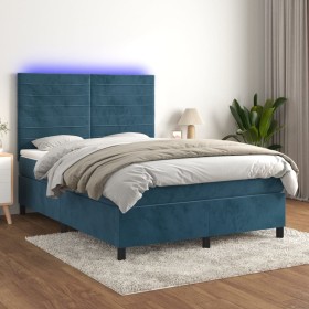 Cama box spring colchón y LED terciopelo azul oscuro 140x200 cm