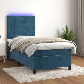 Cama box spring colchón y LED terciopelo azul oscuro 100x200 cm