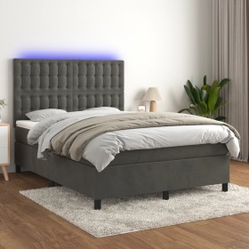 Cama box spring colchón y LED terciopelo gris oscuro 140x200 cm