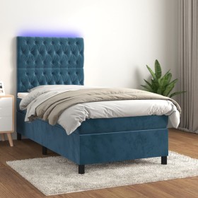 Cama box spring colchón y LED terciopelo azul oscuro 90x190 cm