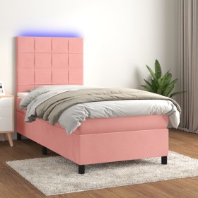 Cama box spring colchón y LED terciopelo rosa 90x190 cm