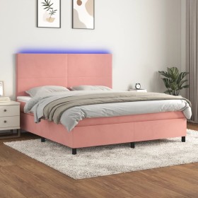 Cama box spring colchón y LED terciopelo rosa 180x