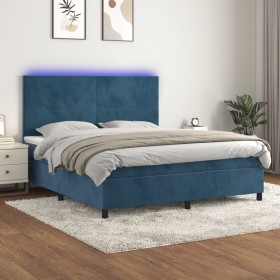 Cama box spring colchón y LED terciopelo azul oscuro 160x200 cm