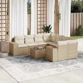 Set de sofás de jardín 9 pzas con cojines ratán sintético beige Set de sofás de jardín 9 pzas con cojines ratán sintético beige