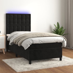 Cama box spring colchón y LED terciopelo negro 90x200 cm