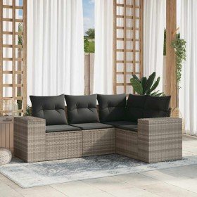 Set de sofás de jardín 4 pzas y cojines ratán sintético gris Set de sofás de jardín 4 pzas y cojines ratán sintético gris