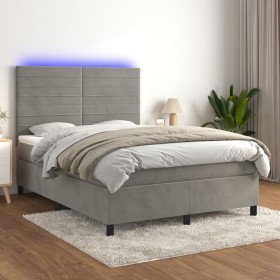 Cama box spring colchón y LED terciopelo gris claro 140x190 cm