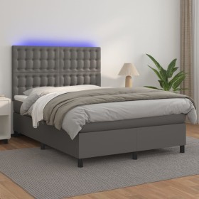 Cama box spring colchón y LED cuero sintético gris 140x200 cm