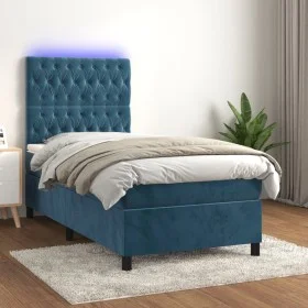 Box spring bed with mattress and LED dark blue velvet 90x200 cm by vidaXL, Beds and slatted bases - Ref: Foro24-3136285, Pric...