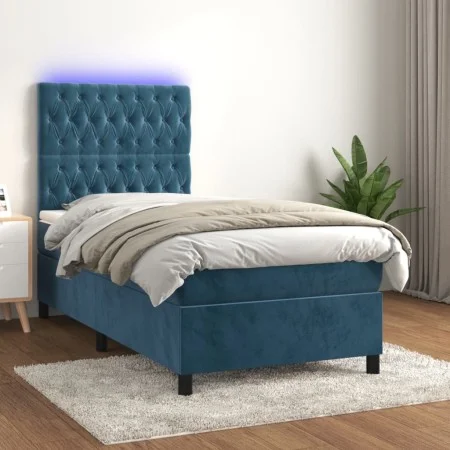 Box spring bed with mattress and LED dark blue velvet 90x200 cm by vidaXL, Beds and slatted bases - Ref: Foro24-3136285, Pric...