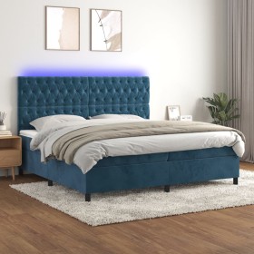 Cama box spring colchón y LED terciopelo azul oscuro 200x200 cm
