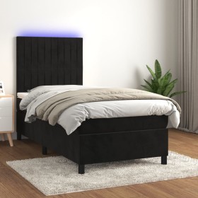 Cama box spring colchón y LED terciopelo negro 90x200 cm