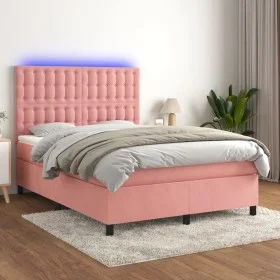 Box spring bed with mattress and LED pink velvet 140x190 cm by vidaXL, Beds and slatted bases - Ref: Foro24-3136364, Price: 5...