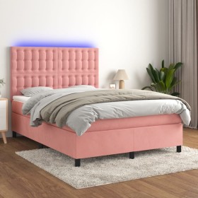 Cama box spring colchón y LED terciopelo rosa 140x190 cm