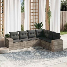Set de sofás de jardín 6 pzas y cojines ratán sintético gris