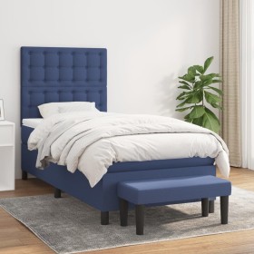 Cama box spring con colchón tela azul 90x200 cm