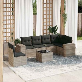 Set de sofás de jardín 7 pzas con cojines ratán PE gris claro