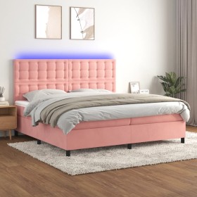 Cama box spring colchón y LED terciopelo rosa 200x200 cm
