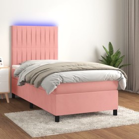 Cama box spring colchón y LED terciopelo rosa 80x200 cm