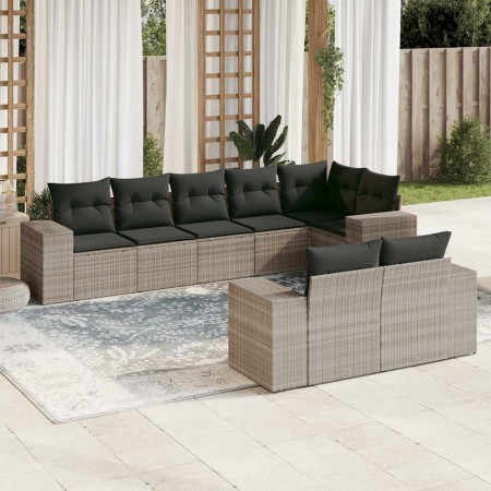 Set de sofás de jardín 8 pzas y cojines ratán sintético gris