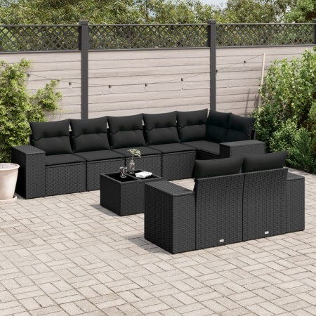 Set de sofás de jardín 8 piezas y cojines ratán sintético negro