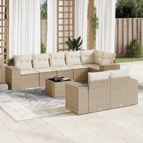 Set de sofás de jardín 9 pzas con cojines ratán sintético beige